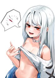 1girl absurdres artist_request blue_hair breasts choker clothes_lift commission highres jacket jacket_lift lifting_own_clothes light_blush long_hair looking_at_viewer nipples o-ring o-ring_choker open_mouth original red_eyes second-party_source simple_background small_breasts smile solo upper_body very_long_hair white_background white_choker white_hair white_jacket