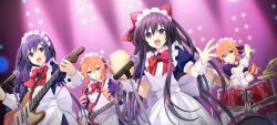 4girls apron blue_hair bow bowtie braid brown_eyes date_a_live date_a_live:_spirit_pledge drill_hair drum drum_set drumsticks electric_guitar game_cg genderswap genderswap_(mtf) guitar hair_between_eyes hair_bow hair_ornament highres instrument itsuka_shiori long_hair maid maid_apron maid_headdress microphone multiple_girls official_art open_mouth orange_hair puffy_short_sleeves puffy_sleeves red_bow red_bowtie short_sleeves siblings sidelocks sisters smile spotlight third-party_source wrist_cuffs yamai_kaguya yamai_yuzuru yatogami_tohka