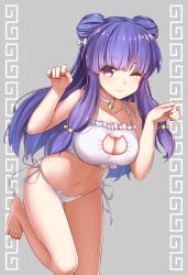 1girl barefoot bell bra breasts cat_cutout cat_ear_panties cat_lingerie cleavage cleavage_cutout clothing_cutout collar collarbone double_bun female_focus hair_bell hair_bun hair_ornament highres jingle_bell large_breasts long_hair looking_at_viewer meme_attire nail_polish navel neck_bell ninnzinn one_eye_closed panties paw_pose pink_eyes purple_hair ranma_1/2 shampoo_(ranma_1/2) side-tie_panties sidelocks simple_background solo standing standing_on_one_leg underwear white_bra white_panties