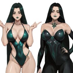 1girl akinoshi_art bare_shoulders bodysuit breasts dress green_eyes green_hair green_lips hand_on_own_hip hela_(marvel) highres large_breasts long_hair looking_at_viewer marvel marvel_rivals multiple_views simple_background smile very_long_hair white_background