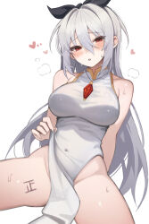 1girl absurdres breasts china_dress chinese_clothes dress gem gi_myeong_02 highres jewelry large_breasts lifting_own_clothes long_hair necklace no_panties original pelvic_curtain red_gemstone ryus_(ordinaryuzu) simple_background solo spread_legs thighs white_background white_dress white_hair