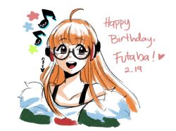 1girl ahoge black_tank_top blush character_name commentary dated english_commentary fur-trimmed_jacket fur_trim glasses green_jacket happy_birthday hatsubara_8chan headphones jacket looking_to_the_side musical_note open_mouth orange_hair persona persona_5 round_eyewear sakura_futaba shirt smile tank_top white_background white_shirt