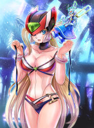 1girl android bikini blonde_hair blue_eyes bracelet breasts cleavage collarbone cowboy_shot cyber_elf_(mega_man) cyber_elf_x_(mega_man) genderswap genderswap_(mtf) gloves green_eyes helmet highres jewelry kiwakiwa large_breasts long_hair mega_man_(series) mega_man_zero_(series) multicolored_bikini open_mouth parted_lips rock solo_focus swimsuit untied_bikini very_long_hair x_(mega_man) zero(z)_(mega_man) zero_(mega_man)