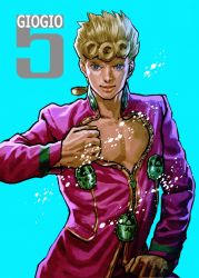 1boy bad_id bad_pixiv_id bare_pectorals blonde_hair blue_eyes braid brooch bug giorno_giovanna giorno_giovanna&#039;s_pose_(jojo) hair_rings insect jewelry jojo_no_kimyou_na_bouken jojo_pose ladybug male_focus pectorals single_braid smile solo ug_(ugg) vento_aureo victory_rolls