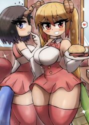 2girls absurdres black_hair blonde_hair blush bow bowtie breasts dragon_girl dragon_horns dragon_tail drooling elma_(maidragon) finger_to_mouth food gloves grin hand_on_own_hip heart highres holding holding_food holding_plate horns kobayashi-san_chi_no_maidragon large_breasts long_hair looking_at_viewer mirror multiple_girls parted_lips pink_bow pink_bowtie pink_skirt pink_thighhighs plate purple_eyes red_eyes restaurant shirt short_hair single_horn skirt sleeveless sleeveless_shirt smile sparkle speech_bubble spoken_heart standing tail teeth thick_thighs thighhighs thighs tohru_(maidragon) tony_welt twintails waitress white_gloves white_shirt wide_hips