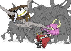 2girls 6+others armband aura_(sousou_no_frieren) axe barefoot black_pantyhose boots brown_boots chain claws cuffs dark_souls_(series) dark_souls_i demon_horns dress fingernails flying_kick frieren frieren_stuck_in_a_mimic_(meme) fromsoftware holding holding_axe horns kicking medama_robotarou meme mimic_(dark_souls) multiple_girls multiple_others pantyhose pink_hair ribs scales shackles sharp_fingernails sharp_teeth simple_background sousou_no_frieren teeth treasure_chest white_background white_dress white_hair
