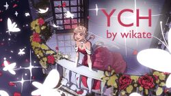 Rule 34 | 1girl, artist name, back ribbon, balcony, bare shoulders, blonde hair, blunt bangs, breasts, bright pupils, bug, butterfly, choker, cleavage, detached sleeves, dress, floating hair, flower, formal clothes, full body, glitter, gloves, gown, happy, highres, insect, light blush, light particles, long dress, looking ahead, nape braid, night, night sky, open door, open mouth, original, outdoors, pendant choker, railing, red dress, red eyes, red flower, red rose, ribbon, rose, sash, short hair, short sleeves, sky, smile, solo, sparkle, strapless, strapless dress, teeth, tile floor, tiles, upper teeth only, waist sash, watermark, white choker, white gloves, white pupils, white ribbon, white sash, white sleeves, wikate, ych commission