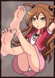 1girl barefoot brown_eyes brown_hair feet highres jewelry kagami_tina long_hair looking_at_viewer mushiking necklace panties pantyshot soles steam smelly_feet sweat toes underwear yancelot