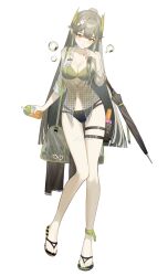 1girl absurdres arknights bag bikini bilibili_logo bilibili_username black_umbrella blunt_ends breasts brown_hair checkered_clothes checkered_shirt chinese_commentary cigarette_p cleavage closed_mouth closed_umbrella collared_shirt commentary_request cup disposable_cup drinking_straw elf finger_to_mouth flower full_body hair_flower hair_ornament highres holding holding_cup id_card juice knees_together_feet_apart laurel_crown long_hair looking_at_viewer medium_breasts mole mole_under_eye muelsyse_(arknights) multi-strapped_bikini_bottom nail_polish orange_eyes partially_unbuttoned pink_nails pointy_ears pouch rhine_lab_logo sandals see-through_clothes see-through_shirt shirt shoulder_bag simple_background solo standing straight_hair swimsuit thigh_pouch umbrella very_long_hair water_gun white_background white_flower