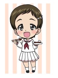 1girl alternate_costume black_shoes boko_(girls_und_panzer) brown_hair character_hair_ornament chibi chibi_only chopsticks deformed girls_und_panzer grey_eyes gyaru hair_ornament hairpin holding holding_chopsticks holding_tray kojima_emi kurobou neckerchief official_alternate_costume open_mouth pleated_skirt red_neckerchief school_uniform serafuku shoes short_hair skirt smile socks solo takahashi_kurage tray very_short_hair whipped_cream white_serafuku white_skirt white_socks