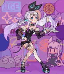 1girl alcohol and_uge balloon bar_(place) black_footwear black_leotard blue_eyes blush boombox braid champagne champagne_flute character_doll choko_(cup) circle_facial_mark closed_mouth commentary_request cup dartboard detached_sleeves drinking_glass fishnet_pantyhose fishnets flat_chest full_body grey_hair hairpods highres ima_tyokenko indoors leotard long_hair looking_at_viewer nanashi_inc. pantyhose platform_footwear platform_heels see-through_clothes see-through_sleeves sidelocks single_braid sitting smile snail solo sparkle stool thick_eyebrows tokkuri twintails virtual_youtuber wine wine_glass