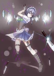 1girl bad_id bad_pixiv_id blue_eyes braid female_focus full_body gradient_background highres izayoi_sakuya knife maid_headdress silver_hair solo takiteru throwing_knife touhou weapon