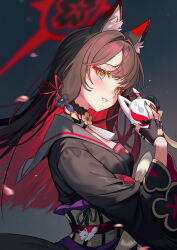 1girl absurdres animal_ear_fluff animal_ears ariko_(aaaaarik) black_gloves black_hair black_nails blue_archive blush charm_(object) cherry_blossoms commentary english_commentary eyelashes fingerless_gloves fox_ears fox_girl fox_mask from_side gloves hair_ribbon halo highres holding holding_mask japanese_clothes long_hair long_sleeves looking_at_viewer mask multicolored_hair nail_polish night night_sky orange_eyes outdoors parted_lips petals red_hair red_ribbon ribbon sky solo tassel wakamo_(blue_archive) wide_sleeves