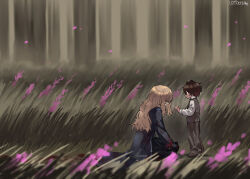 1boy 1girl aged_down alternate_universe artist_name black_coat brown_hair catherine_(project_moon) coat crying flower grass heathcliff_(project_moon) highres kaibootsu lcb_uniform_(project_moon) limbus_company long_hair long_sleeves pants project_moon purple_flower shirt short_hair tall_grass tears tree vest white_shirt