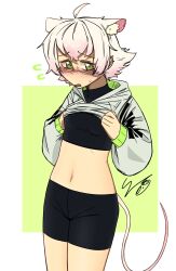 ahoge animal_ear_fluff animal_ears bags_under_eyes bike_shorts black_shirt black_shorts blush breasts clothes_lift colored_tips commentary cowboy_shot double-parted_bangs ear_piercing embarrassed english_commentary extra_ears eyebrows_hidden_by_hair flipped_hair flustered flying_sweatdrops frown furrowed_brow go!_go!_gris! gradient_hair gradient_tail green_background green_eyes green_hoodie green_trim grey_hoodie hair_between_eyes hair_flaps head_down highres hood hood_down hoodie hoodie_lift jitome legs_together lifting_own_clothes long_sleeves looking_at_viewer looking_to_the_side midriff mouse_ears mouse_girl mouse_tail multicolored_hair multiple_piercings navel nervous_sweating nose_blush open_mouth owlweeb perl_(go!_go!_gris!) piercing pink_hair pink_tail print_hoodie puffy_long_sleeves puffy_sleeves raised_eyebrows raised_inner_eyebrows shirt short_hair shorts sidelocks signature small_breasts standing stomach striped_blush sweat tail thick_eyelashes tight_clothes tight_shirt turtleneck turtleneck_shirt two-sided_hoodie two-tone_hair two-tone_hoodie two-tone_tail wavy_eyebrows white_background white_hair white_tail
