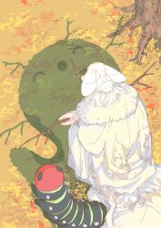 1boy blanca_(fate) bug cape cat_shadow_puppet_(meme) caterpillar cloak facing_away fate/grand_order fate_(series) fur-trimmed_cape fur-trimmed_cloak fur_trim highres insect long_sleeves male_focus medium_hair meme moth oberon_(fate) oberon_(second_ascension)_(fate) outdoors oversized_insect shadow singlikeabird stick white_cloak