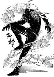 1boy eagleacee earrings fate/grand_order fate_(series) fire full_body gloves greyscale hair_over_eyes highres indra_(fate) jewelry leaning_back leg_up lightning_bolt_symbol long_sleeves monochrome print_shirt shirt simple_background single_earring solo white_background