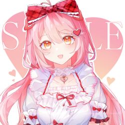 1girl :d ahoge arknights blush bow breasts chinese_commentary collar collarbone commentary_request dress floppy_ears frilled_collar frilled_shirt_collar frills glove_bow gloves goldenglow_(arknights) goldenglow_(maiden_for_the_bright_night)_(arknights) hair_between_eyes hair_bow hair_ornament heart heart_hair_ornament highres jewelry leaves-true long_hair looking_at_viewer medium_breasts no_nose open_mouth orange_eyes pendant pink_hair red_bow red_ribbon ribbon sample_watermark short_sleeves sidelocks smile solo straight-on upper_body watermark white_collar white_dress white_gloves