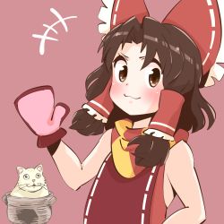 +++ 1girl :3 benikurage_(cookie) blush bow brown_eyes brown_hair cat closed_mouth commentary_request cookie_(touhou) frilled_bow frills gram_9 hair_bow hakurei_reimu looking_at_viewer manatsu_no_yo_no_inmu medium_hair mittens miura_cat nabe parted_bangs pink_background red_bow red_mittens red_scarf red_shirt scarf shiny_skin shirt simple_background sleeveless sleeveless_shirt smile striped_clothes striped_scarf touhou upper_body yellow_scarf
