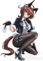 1girl absurdres agnes_tachyon_(umamusume) ahoge animal_ears black_gloves black_jacket black_necktie black_pantyhose black_shoes brown_hair card cropped_jacket detached_collar fake_tail gloves hair_between_eyes high_heels highleg highleg_leotard highres horse_ears horse_girl horse_tail huge_ahoge jacket joker_(playing_card) leotard long_sleeves md5_mismatch medium_hair necktie open_clothes open_jacket pantyhose parted_lips playing_card rabbit_tail red_eyes shoes simple_background sleeves_rolled_up solo tail test_tube thigh_strap twitter_username umamusume w/b watermark white_leotard wolf_cut wolf_ears yuuki_(yu-ki0701)