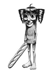 1other ahoge ai-generated_art_(topic) baguette bread closed_mouth drill_hair faux_traditional_media food full_body gomashio_lettuce greyscale hashtag-only_commentary highres holding holding_food invisible_floor italian_brainrot_ai_animals_(meme) kasane_teto looking_ahead meme monochrome number_tattoo shoulder_tattoo simple_background smile standing tattoo tung_tung_tung_sahur twin_drills utau white_background
