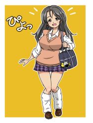 Rule 34 | 1girl, alternate costume, alternate hairstyle, animal charm, bag, bimbofication, blue bag, blue skirt, bow, bowtie, breasts, brown shoes, brown vest, character charm, charm (object), checkered clothes, checkered skirt, collared shirt, freckles, girls und panzer, grey hair, gyaru, hair down, hair ornament, hairpin, kneehighs, large breasts, loose socks, miniskirt, official alternate costume, outline, piyotan (girls und panzer), pleated skirt, satchel, shirt, shoes, simple background, skirt, sleeves rolled up, smile, socks, takahashi kurage, translation request, unworn bowtie, vest, white outline, white shirt, white socks, yellow background