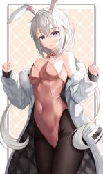 Rule 34 | animal ears, bare shoulders, black pantyhose, blue eyes, border, bow, bowtie, breasts, coat, commentary, counter:side, covered navel, cowboy shot, crossed bangs, detached collar, fake animal ears, fur-trimmed coat, fur trim, grid background, hair between eyes, han sorim, highleg, highleg leotard, highres, leotard, long hair, long sleeves, looking at viewer, low ponytail, official alternate costume, outside border, pantyhose, pink background, pink bow, pink bowtie, pink leotard, playboy bunny, ponytail, rabbit ears, sideboob, small breasts, strapless, strapless leotard, surrender (surren2019), triangle mouth, white border, white coat, white hair