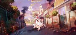 2girls ahoge bridal_veil chain-link_fence cloud date_a_live date_a_live:_spirit_pledge dress dutch_angle elbow_gloves fence floating game_cg gloves horns house itsuka_kotori_(spirit) japanese_clothes long_hair multiple_girls official_art outdoors red_hair ribbon sash short_hair smoke smoke_trail standing third-party_source tobiichi_origami_(spirit) tree twintails veil white_dress white_hair white_ribbon wide_sleeves window