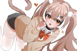 1girl animal_ear_fluff animal_ears black_choker black_hair black_skirt blush brown_eyes brown_hair brown_sweater cat_ears cat_girl cat_tail choker collared_shirt dot_nose fang hair_ornament hairpin hana20000920 heart highres hololive hololive_english long_hair long_sleeves looking_at_viewer multicolored_hair nanashi_mumei open_mouth paw_pose paw_print shirt simple_background skin_fang skirt solo streaked_hair sweater tail thighhighs twintails very_long_hair virtual_youtuber white_background white_hair white_shirt white_thighhighs