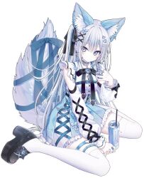 1girl animal_ear_fluff animal_ears black_bow black_bowtie black_ribbon black_shoes blue_eyes blue_ribbon blue_skirt blush bow bowtie can cellphone center_frills closed_mouth clothing_cutout collared_shirt commentary_request drink_can drinking_straw fox_ears fox_girl fox_tail frilled_shirt_collar frilled_skirt frills full_body garter_straps hair_ribbon highres holding holding_phone long_hair long_sleeves looking_at_viewer multiple_thigh_straps original phone platform_shoes ribbon ruuwolf93 shirt shoes shoulder_cutout simple_background sitting skirt smartphone solo tail tail_ornament tail_ribbon thighhighs very_long_hair wariza white_background white_hair white_shirt white_thighhighs