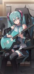 1girl :q absurdres bare_shoulders black_skirt black_sleeves blue_necktie blush chair closed_mouth collared_shirt commentary detached_sleeves double-parted_bangs electric_guitar emduck feet_out_of_frame gaming_chair green_eyes green_hair guitar hair_between_eyes hatsune_miku highres holding holding_guitar holding_instrument holding_plectrum indoors instrument long_hair long_sleeves microphone miniskirt monitor necktie number_tattoo on_chair pleated_skirt plectrum shirt shoulder_tattoo sitting skirt sleeveless sleeveless_shirt solo swivel_chair symbol-only_commentary tattoo tongue tongue_out very_long_hair vocaloid