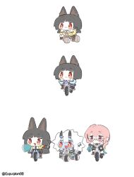 3girls animal_ears bicycle blue_skin blunt_bangs brown_eyes colored_skin fox_ears fox_girl glasses hair_between_eyes highres horns hoshimi_miyabi long_hair multiple_girls open_mouth pink_eyes pink_hair red_eyes short_hair sidelocks sima_(exavalon00) simple_background smile soukaku_(zenless_zone_zero) tsukishiro_yanagi white_background white_hair zenless_zone_zero