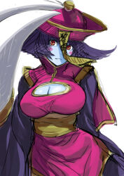 1girl blue_hair blue_skin blush_stickers breasts chinese_clothes claws cleavage cleavage_cutout clothing_cutout colored_skin commentary darkstalkers fang flipped_hair hat highres hsien-ko jiangshi large_breasts nishiide_kengorou ofuda qingdai_guanmao red_eyes short_hair simple_background smile solo white_background