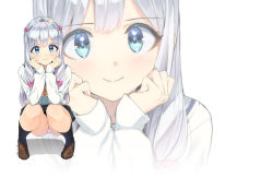 1girl blue_eyes bow eromanga_sensei hair_bow hand_on_own_cheek hand_on_own_face izumi_sagiri kneehighs long_hair miniskirt ootomo_takuji panties sailor_collar school_uniform skirt socks solo squatting sweater underwear white_background white_panties