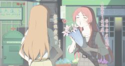 2girls bang_dream! bang_dream!_it&#039;s_mygo!!!!! blowing_kiss blush bouquet brh brown_hair chihaya_anon chinese_commentary chinese_text closed_eyes commentary_request dress flower grey_dress hands_on_own_hips highres holding holding_bouquet long_hair long_sleeves multiple_girls nagasaki_soyo pinafore_dress pink_hair plaid_clothes plaid_dress postbox_(outgoing_mail) shirt short_sleeves sleeveless sleeveless_dress translation_request white_shirt yuri