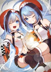 Rule 34 | 2girls, bemani, blue eyes, blue hair, breasts, detached sleeves, hat, highres, long hair, multiple girls, near (sound voltex), noah (sound voltex), one eye closed, race queen, ryura (negi-mamire), siblings, small breasts, sound voltex, thick eyebrows, twins
