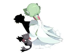 bob_cut cat cat_shadow_puppet_(meme) colored_skin commentary crossed_arms facing_away from_above from_behind gardevoir gen_3_pokemon gen_7_pokemon green_hair green_skin hashtag-only_commentary litten multicolored_skin nintendo pokemon pokemon_(creature) pokemon_focus shadow shadow_puppet simple_background sok_(mr14_c) squatting symbol-only_commentary tail two-tone_skin white_background white_skin
