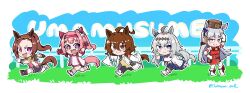 5girls :d agnes_tachyon_(umamusume) ahoge animal_ears asymmetrical_footwear asymmetrical_gloves bandaid bandaid_on_leg black_gloves black_necktie black_shoes blue_skirt blunt_bangs blush bow brown_hair buruma chibi commentary copyright_name dress ear_bow ear_covers english_commentary epaulettes fingerless_gloves flower_in_eye gloves gold_hairband gold_ship_(umamusume) grey_eyes grey_hair hair_between_eyes hair_intakes hairband haru_urara_(umamusume) headband highres holding holding_test_tube horse_ears horse_girl horse_tail jacket lab_coat long_hair long_sleeves looking_at_another looking_at_viewer mismatched_footwear mismatched_gloves mixed-language_commentary multiple_girls navel necktie oguri_cap_(umamusume) open_clothes open_jacket open_mouth pillbox_hat pink_hair pink_headband pleated_skirt ponytail purple_eyes red_buruma red_dress red_eyes red_gloves running sakura_bakushin_o_(umamusume) shoes short_necktie skirt sleepyowl_(jobkung15) sleeveless sleeveless_dress sleeves_past_fingers sleeves_past_wrists smile sweater symbol_in_eye tail test_tube track_jacket twitter_username umamusume white_gloves white_shoes