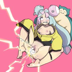 1girl absurdres bare_legs bare_shoulders barefoot blue_hair bottomless breasts clenched_teeth collarbone electrocution feet female_ejaculation fucked_silly full_body gen_1_pokemon hair_ornament highres iono_(pokemon) jacket long_hair long_sleeves looking_up magnemite medium_breasts multicolored_hair naked_jacket nintendo nipples object_insertion off_shoulder pink_background pink_hair pokemon pokemon_(creature) pokemon_sv pokephilia pokpa purple_eyes pussy pussy_juice sharp_teeth simple_background sitting sleeves_past_wrists snorlax soles spread_legs stuffed_toy teeth toes twintails two-tone_hair vaginal vaginal_object_insertion yellow_jacket