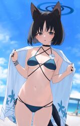 1girl absurdres animal_ear_fluff animal_ears beach bikini black_choker black_eyes black_hair black_nails blue_archive blue_bikini blush cat_ears cat_girl cat_tail choker haori highres japanese_clothes kikyou_(blue_archive) kikyou_(swimsuit)_(blue_archive) kuchisode looking_at_viewer multiple_tails navel ocean official_alternate_costume open_mouth short_hair solo stomach swimsuit tail two_tails white_haori