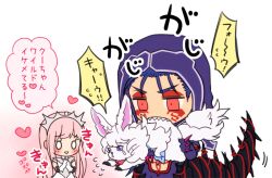 0_0 1boy 1girl biting blue_hair blue_hood chibi commentary_request cu_chulainn_(fate) cu_chulainn_alter_(fate) facial_tattoo fate/grand_order fate_(series) flying_sweatdrops fou_(fate) gloves heart hisohiso_(altoblue) holding medb_(fate) pink_hair red_eyes spiked_knuckles spiked_tail tail tattoo tears tiara translation_request white_gloves