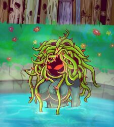 Rule 34 | areola slip, bathing, breasts, colored skin, garden, glowing, glowing eyes, green hair, green skin, hair over breasts, hair over shoulder, hidden face, humanization, large breasts, monster girl, plant, plant girl, plant hair, plants vs. zombies, pool, red eyes, sidelocks, vines