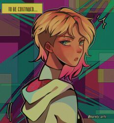 1girl asymmetrical_hair blonde_hair blue_eyes colored_tips english_text eyebrow_piercing gradient_hair gwen_stacy highres hood hood_down karely_arts marvel multicolored_hair piercing sidecut solo spider-gwen spider-man:_across_the_spider-verse spider-man:_into_the_spider-verse spider-man_(series) spider-verse spider-verse_(comics) spider_web_print to_be_continued twitter_username undercut