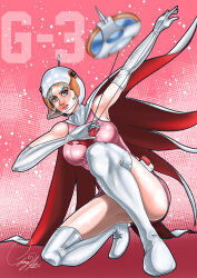 ! 1girl animal_helmet artist_request ass belt bodysuit breasts cape cowboy_shot elbow_gloves eyelashes full_body gatchaman gloves grey_eyes grey_hair heart holding holding_weapon jun_the_swan kneeling lips looking_at_viewer parted_lips pink_shirt shirt signature solo thighhighs weapon white_belt white_cape white_gloves white_thighhighs