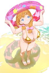 1girl arms_up bare_arms bare_shoulders beach bikini blue_eyes borrowed_character bow braid breasts bright_pupils cleavage commentary_request dot_nose drooling from_above full_body gold_bikini grin hair_bow half-closed_eyes highres holding holding_swim_ring innertube large_breasts legs_together long_hair looking_to_the_side mamorunokoto maria_(conto) orange_hair original outdoors pink_bow sand sandals smile solo standing swim_ring swimsuit thick_eyebrows twin_braids water white_pupils white_sandals