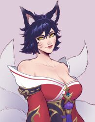1girl ahri_(league_of_legends) animal_ears bare_shoulders black_hair breasts cleavage collarbone facial_mark fox_ears fox_girl fox_tail green_(greeniris) grey_background highres kitsune korean_clothes kyuubi large_breasts league_of_legends multiple_tails official_alternate_hair_length official_alternate_hairstyle short_hair simple_background slit_pupils smile solo tail whisker_markings yellow_eyes