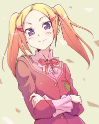 1girl aoyama_mio blonde_hair crossed_arms e20 female_focus hair_ornament hairclip kami_nomi_zo_shiru_sekai looking_at_viewer purple_eyes ribbon school_uniform short_hair smile solo twintails