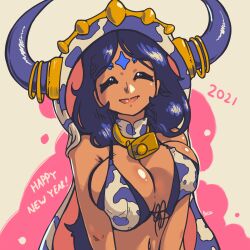 1girl 2021 absurdres animal_print bell bikini black_hair breasts closed_eyes closed_mouth cow_print cow_print_bikini cowbell dark-skinned_female dark_skin dragalia_lost facial_mark forehead_mark happy_new_year headgear highres large_breasts long_hair new_year print_bikini pxlfrug swimsuit upper_body verica