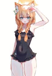 1girl animal_ear_fluff armpits black_one-piece_swimsuit blue_archive braid casual_one-piece_swimsuit cowboy_shot flower gluteal_fold hair_flower hair_ornament halo hand_on_own_head highres looking_at_viewer low_twin_braids mari_(blue_archive) mari_(swimsuit)_(blue_archive) morita_(pixiv31883607) official_alternate_costume one-piece_swimsuit orange_hair paw_print solo swimsuit thigh_gap twin_braids wet white_background white_flower yellow_halo