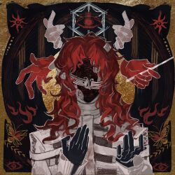 Rule 34 | 1boy, aleph (reverse:1999), bandaged hand, bandages, black background, black gloves, black mask, border, bug, butterfly, covered face, disembodied hand, facing viewer, gloves, hands up, highres, insect, long hair, male focus, outside border, red gloves, red hair, reverse:1999, shirt, solo, upper body, white shirt, yelin yoru, yellow border